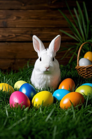 Easter bunny and colorful eggs on green grass against wooden background.の素材