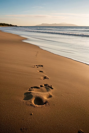 Footprints in the sand on a beach in the evening light.の素材