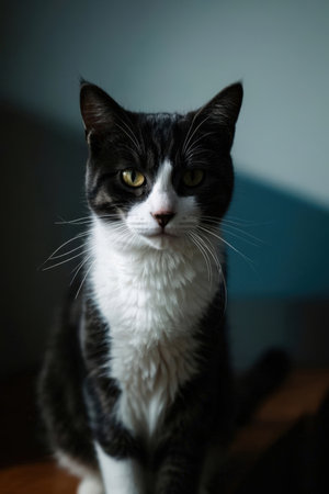 Domestic black and white cat with yellow eyes sitting on the floorの素材
