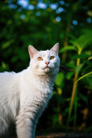 White cat with yellow eyes on the background of green leaves in the gardenの素材