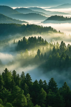 Foggy morning in the Carpathian mountains, Ukraine.の素材