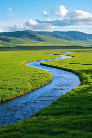 Landscape with a small river in the steppe of Mongolia.の素材