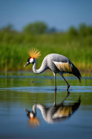 Gray Crowned Crane (Balearica regulorum) in waterの素材