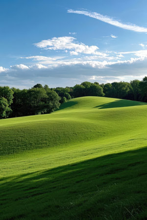 Beautiful green meadow with blue sky and white clouds in the backgroundの素材