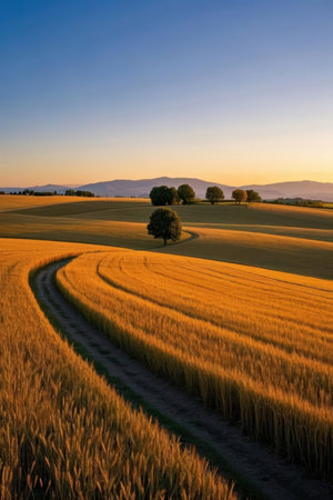 Sunset over a wheat field with trees and mountains in the backgroundの素材
