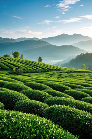 Tea Plantation at Sunrise in Chiang Rai, Northern Thailand.の素材
