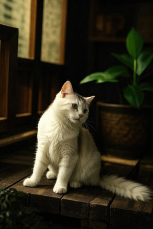 White cat sitting on a wooden floor in the room. Selective focus.の素材
