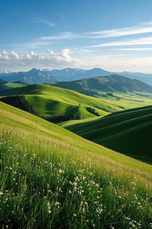 Tuscany landscape with green grass and blue sky. Italy.の素材