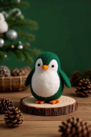 Christmas decoration with penguin and pine cones on wooden table with green backgroundの素材