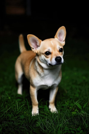 Chihuahua puppy standing in the grass. Selective focus.の素材