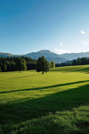 Green meadow with trees and mountains in the background on a sunny dayの素材