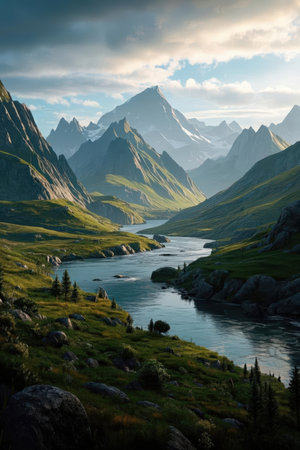 Beautiful alpine landscape with mountain lake and clouds in the skyの素材