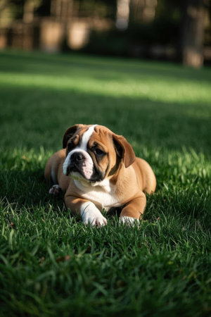 english bulldog puppy lying on the grass in the park looking at the cameraの素材