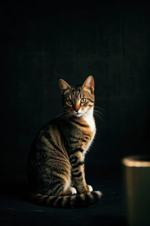 Cute tabby cat sitting on dark background. Studio shot.の素材