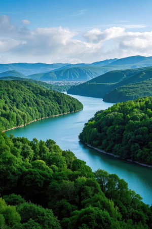 Aerial view of the Danube river flowing through the mountains.の素材