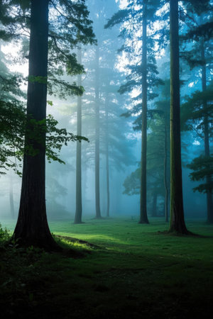 Foggy morning in the forest. Beautiful natural landscape with fog.の素材