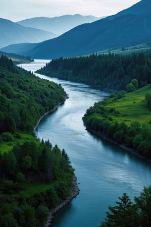 Beautiful mountain landscape with river and forest. Altai, Russiaの素材