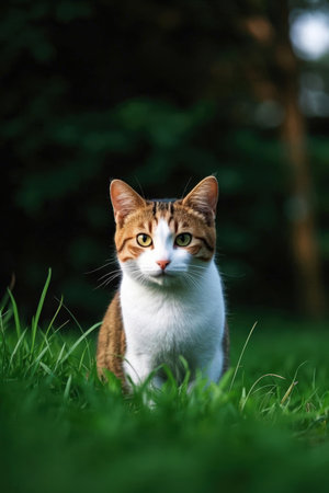 Cute cat sitting on the grass in the garden. Selective focus.の素材