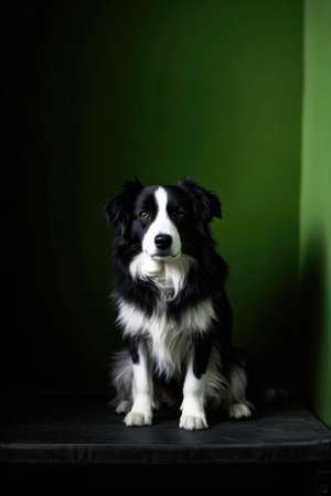 Funny portrait of cute smilling puppy dog border collie sitting on black background. New lovely member of family little dog gazing and waiting. Pet care and animals conceptの素材