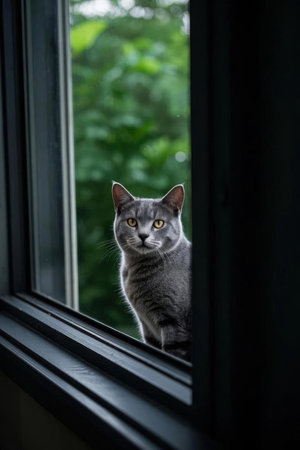 Beautiful gray british shorthair cat sitting on the window.の素材