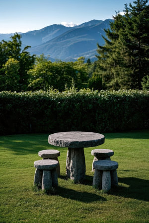 Round stone table and chairs in a garden with mountains in the backgroundの素材