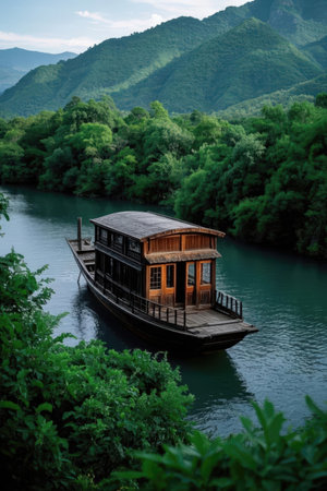 Wooden houseboat on the river in the mountains, Georgia.の素材
