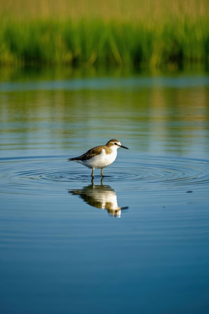 pied sandpiper in the water with reflection in the waterの素材