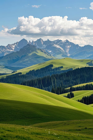 Mountain landscape with green meadows and snow-capped peaksの素材