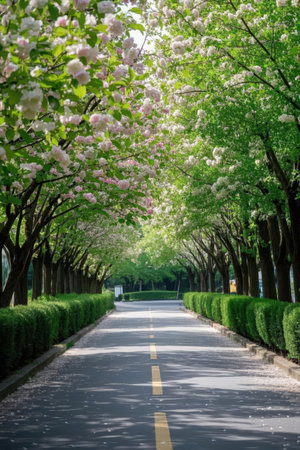 Road in the park with beautiful blooming trees and green grass.の素材