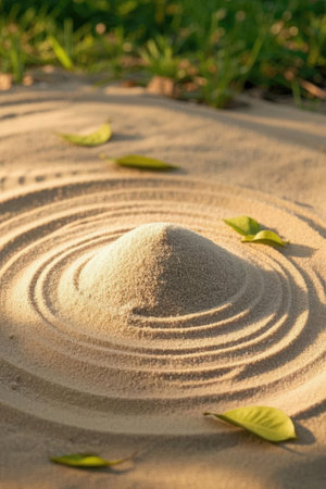 Sand and green leaves in the sand. The concept of meditation and relaxation.の素材