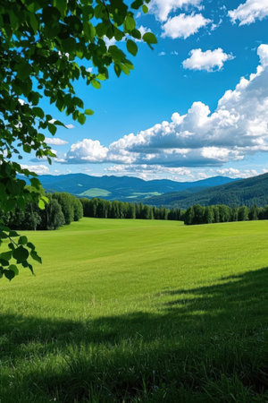 Meadow in the mountains with green grass and blue sky with cloudsの素材
