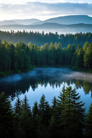 Mountain lake in the morning mist. Beautiful summer landscape with forest and lake.の素材