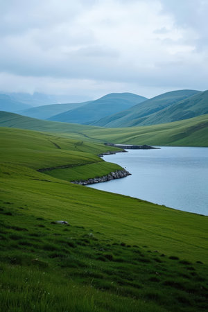 Beautiful landscape of green hills and lake in the mountains under cloudy skyの素材