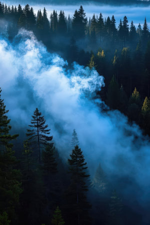 Foggy morning in the Carpathian mountains, Ukraine.の素材