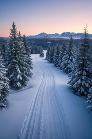 Winter landscape with snow covered fir trees in mountains at sunset. Ski tracks in the snow.の素材