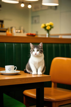 Cute cat sitting at a table in a cafe with a cup of coffeeの素材