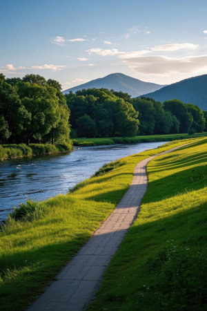 Mountain landscape with river and green meadow at sunset, Czech Republicの素材