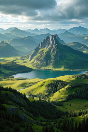Beautiful alpine landscape with lake and mountains in the background.の素材