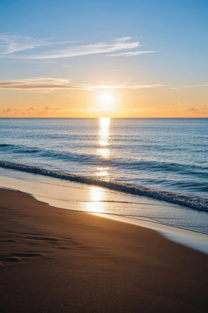 Beautiful sunset on the beach. Seascape with sea waves and sand.の素材