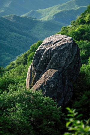 Mountain landscape with a large stone in the foreground, Crimea, Ukraineの素材