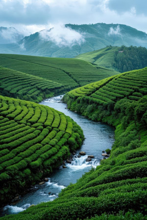 Tea Plantations in the Cameron Highlands, Malaysia. The tea plantations are one of the most beautiful places in Malaysia.の素材