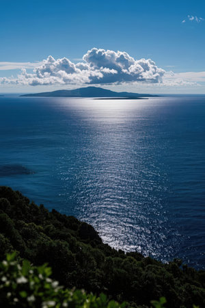 View of the sea and mountains on the island of Corfu, Greeceの素材