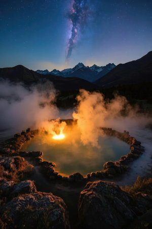 Stunning milky way over the geyser in New Zealandの素材