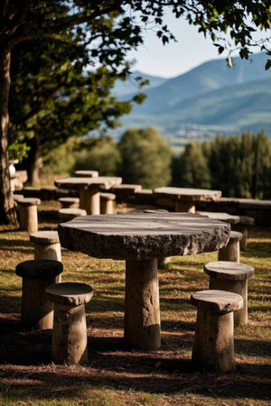 Wooden table and chairs in the park with trees in the backgroundの素材