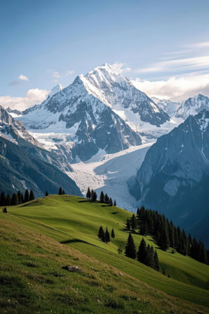 Mountain landscape with snow-capped peaks in the Alps.の素材