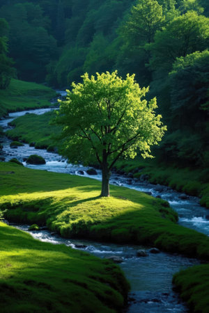 Beautiful spring landscape with a tree and a river in the backgroundの素材
