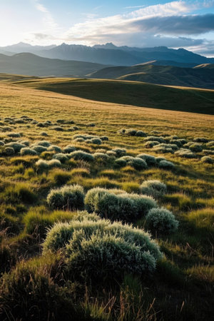 Meadow in the mountains at sunset. Beautiful nature landscape.の素材