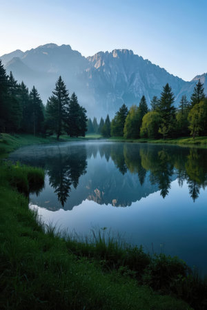 Mountain lake in the Dolomites with reflection in the waterの素材