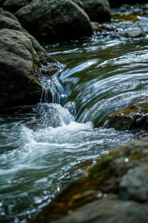 Streaming water in a mountain stream, close-up view.の素材