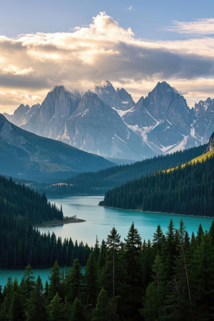 Mountain lake in the Dolomites, Italy. The concept of active and photo tourismの素材